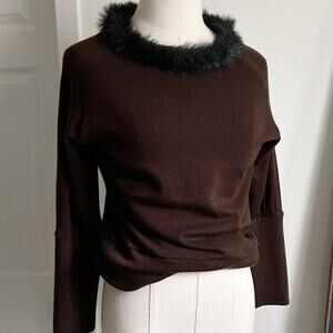 Vintage Brown Sweater, Black Faux Fur Trim, Stylish Warm Winter Cozy Chic